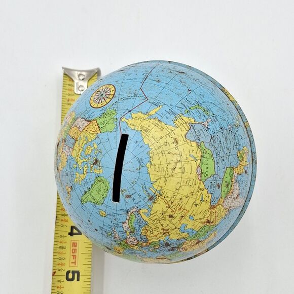 VTG Ohio Art Tin Metal Litho Earth Globe World Coin Piggy Savings Bank W/Stopper - Picture 8 of 10